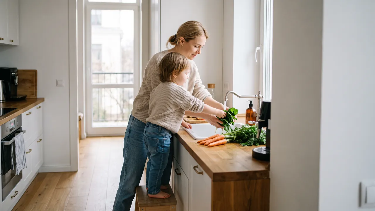 Ребёнок помогает готовить овощи