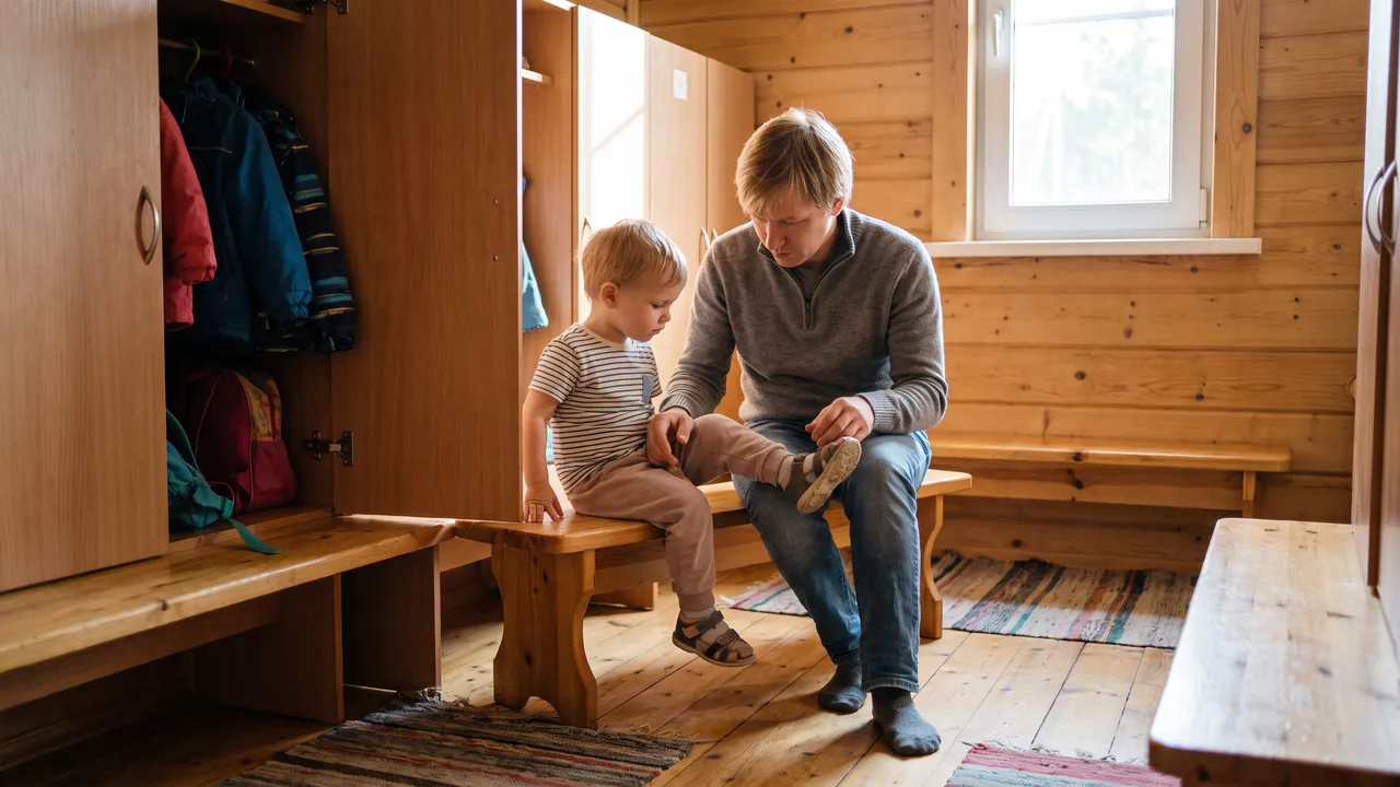 Родитель и ребёнок у входа в сад